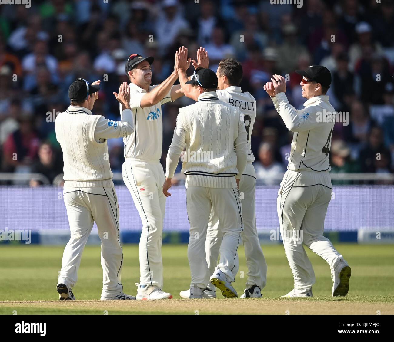 Trent Boult of New Zealand celebrates his wicket with team mates during day 2 of the 2nd Test