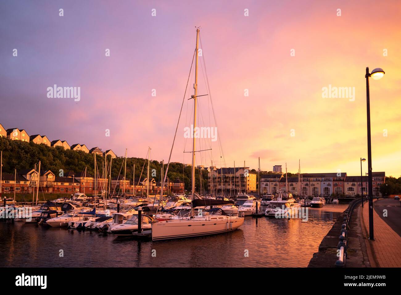 A general view of Penarth Marina in Penarth, Wales, United Kingdom, at sunset. Stock Photo