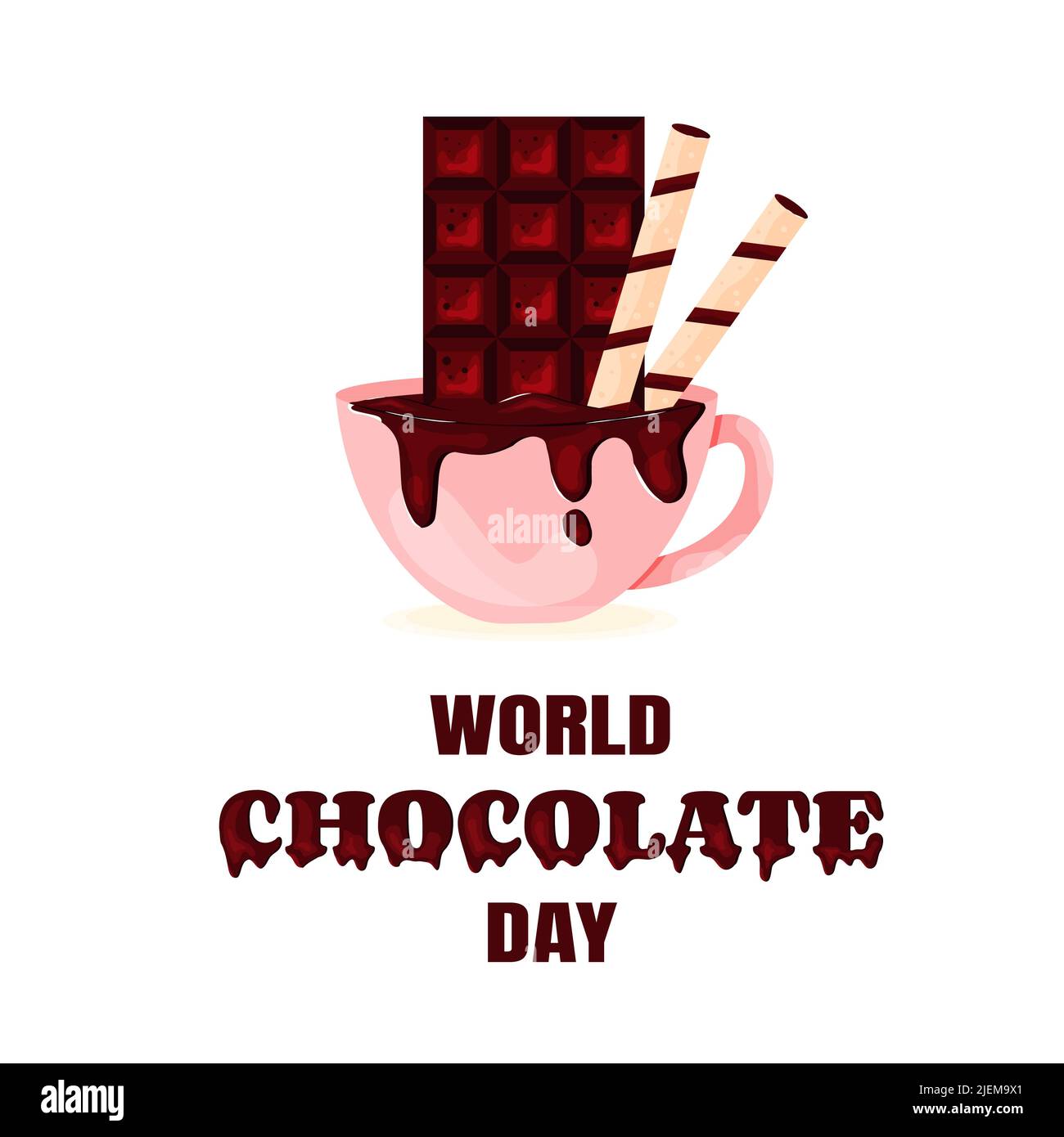Cup of Hot Chocolate with Chocolate and Crunchy Chocolate Tubes World Chocolate Day Card Stock Vector