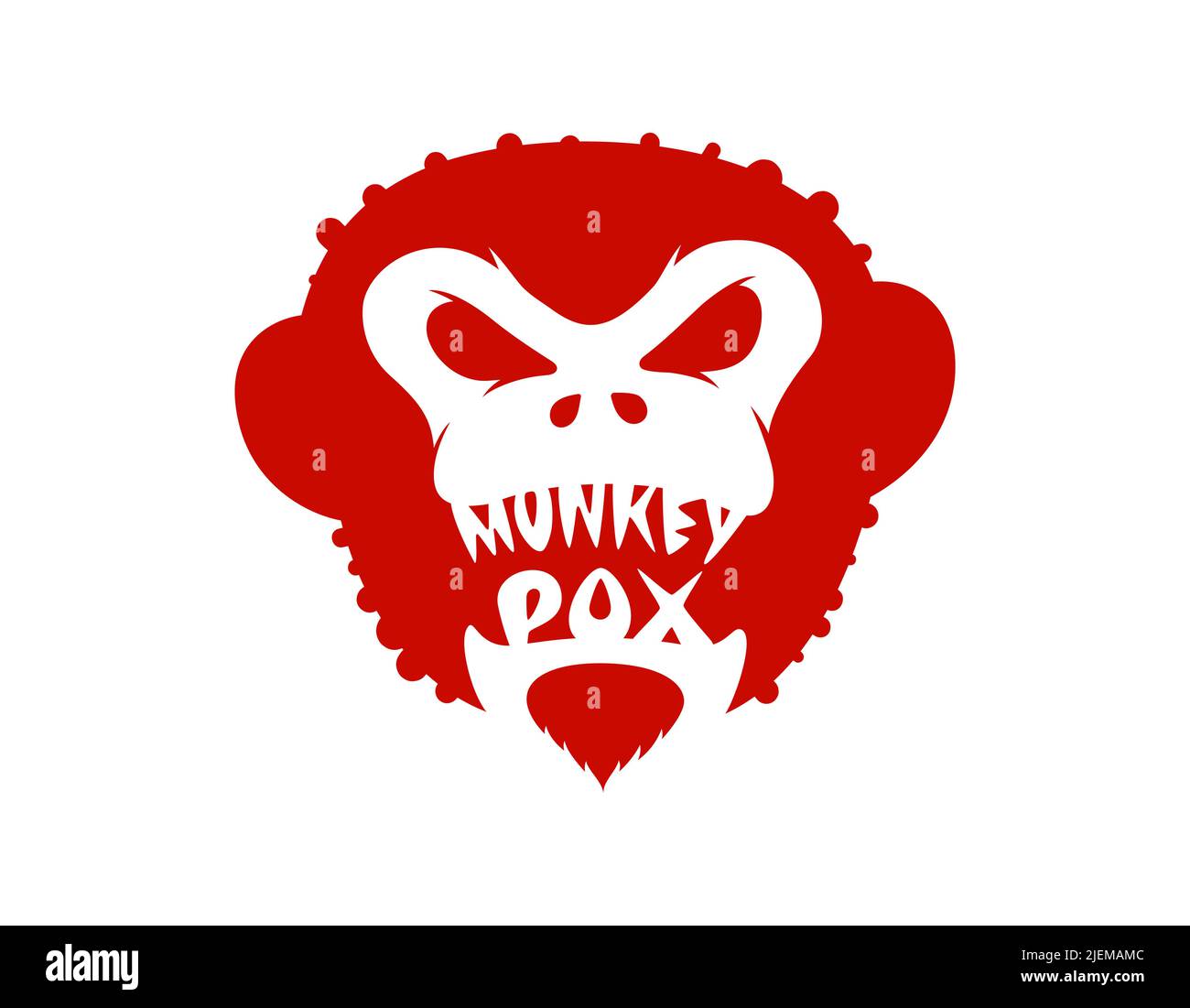 Monkey red head with blisters and monkeypox inscription concept. Primat pox infectious disease outbreak lettering on face. Angry gorilla sign. Ferocious ape MPV MPV dangerous pandemic vector symbol Stock Vector