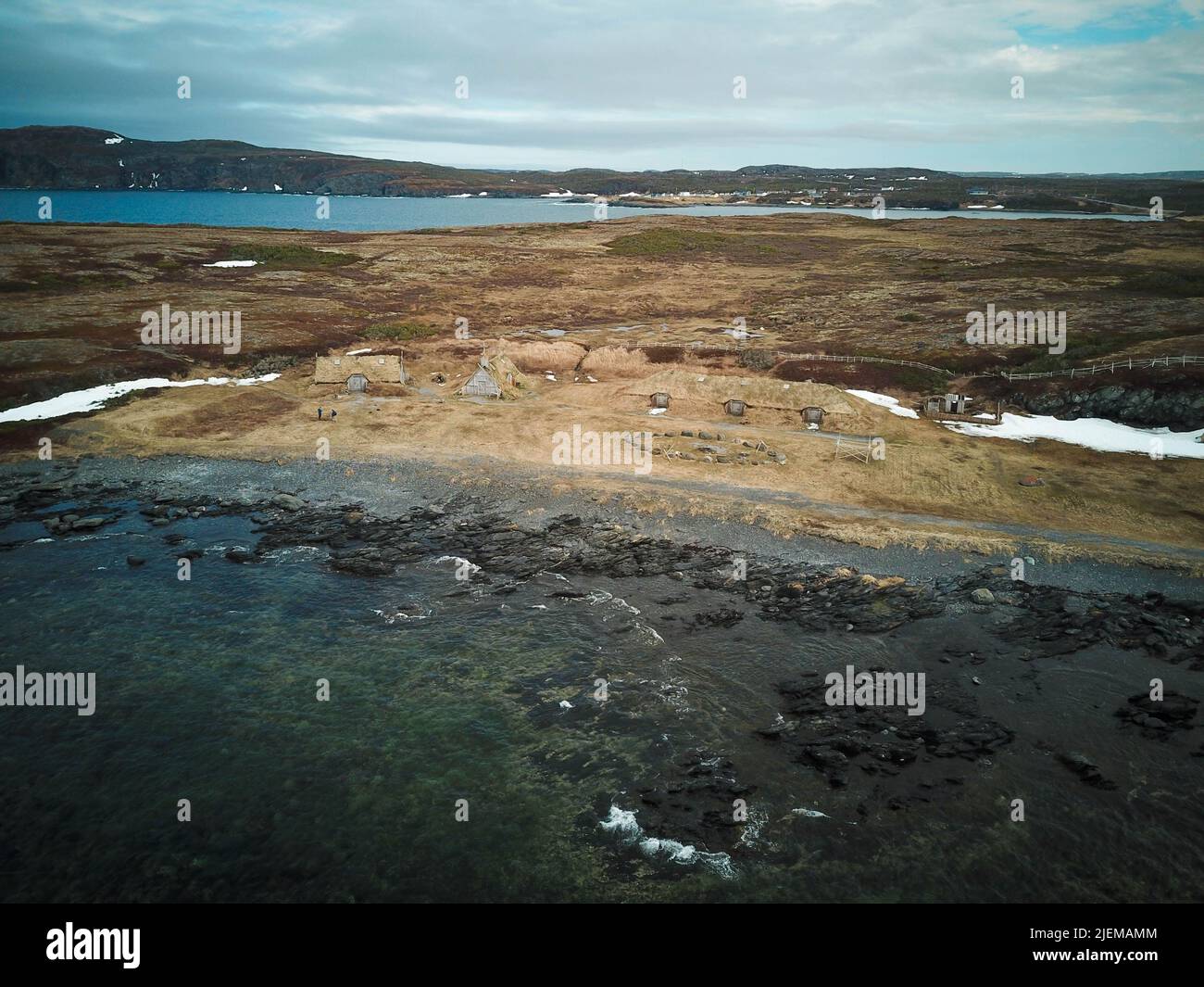 Aerial image of L'Anse aux Meadows, Newfoundland, Canada Stock Photo
