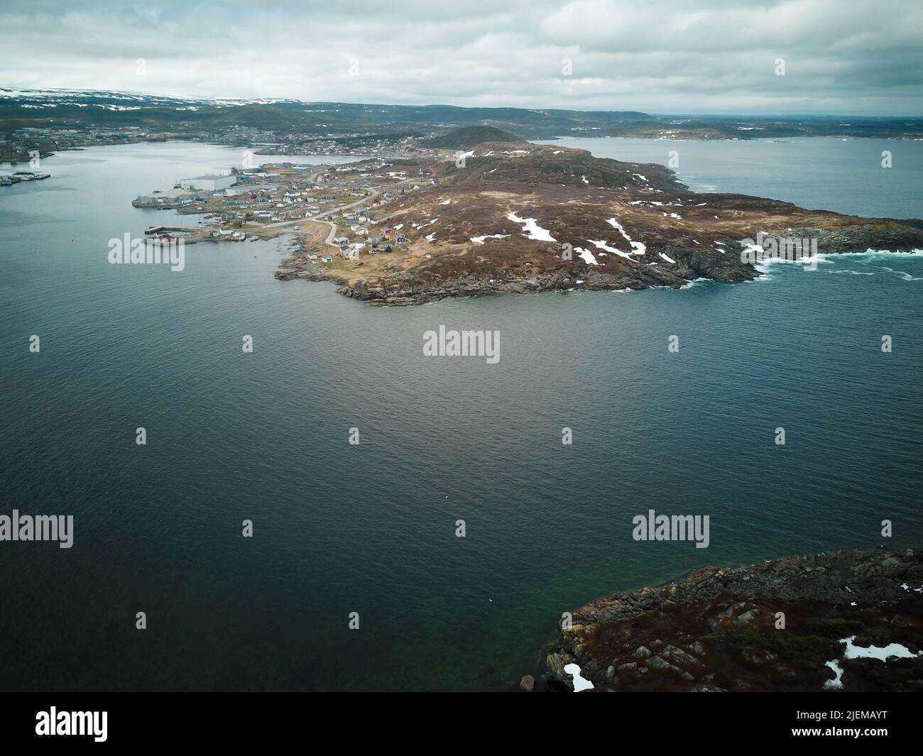 Drone photos showing the landscape of St Anthonys Newfoundland Stock