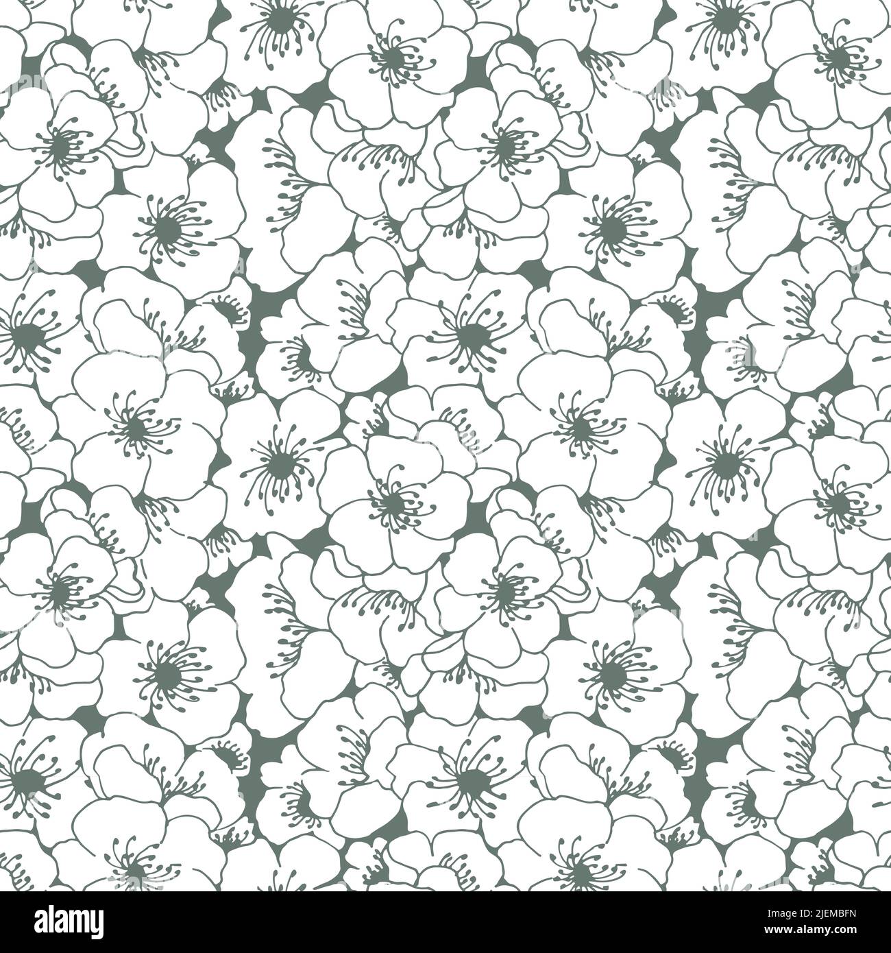 Stylized apple tree flowers line art seamless pattern. Summer vector flowers pattern. Stock Vector