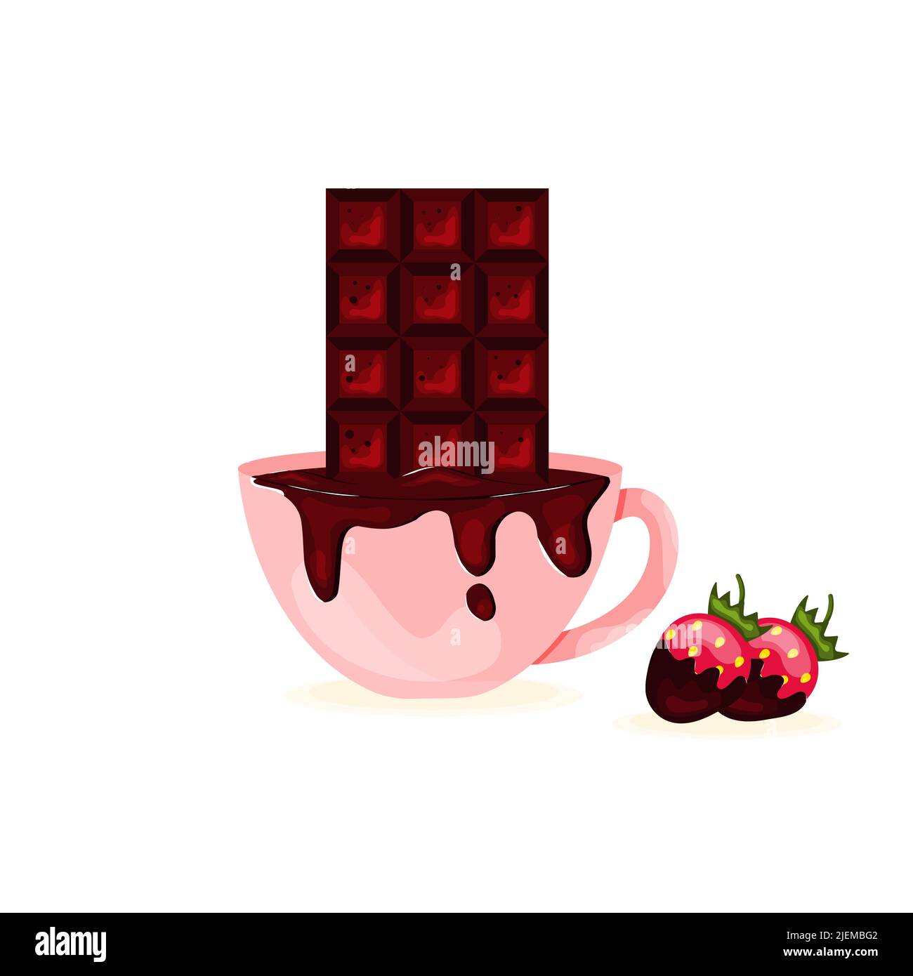 Porcelain Hot Chocolate Cup with Chocolate Bar and Strawberries in Chocolate Concept Coffee Shop Stock Vector