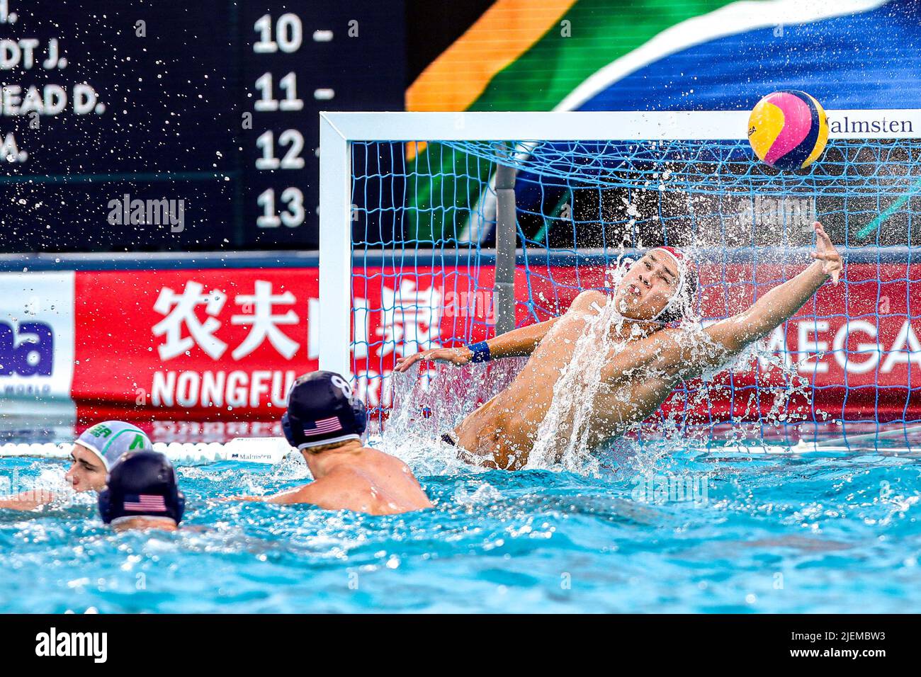 BUDAPEST, HUNGARY - JUNE 27: Adrian Weinberg of United States during the FINA World Championships Budapest 2022 1/8 finals match between South Africa and USA on June 27, 2022 in Budapest, Hungary (Photo by Albert ten Hove/Orange Pictures) Stock Photo