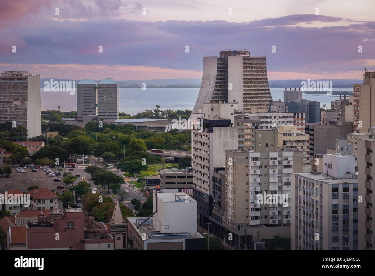 Aerial view of Porto Alegre at sunset with Rio Grande do Sul State Administrative Building - Porto Alegre, Rio Grande do Sul, Brazil Stock Photo