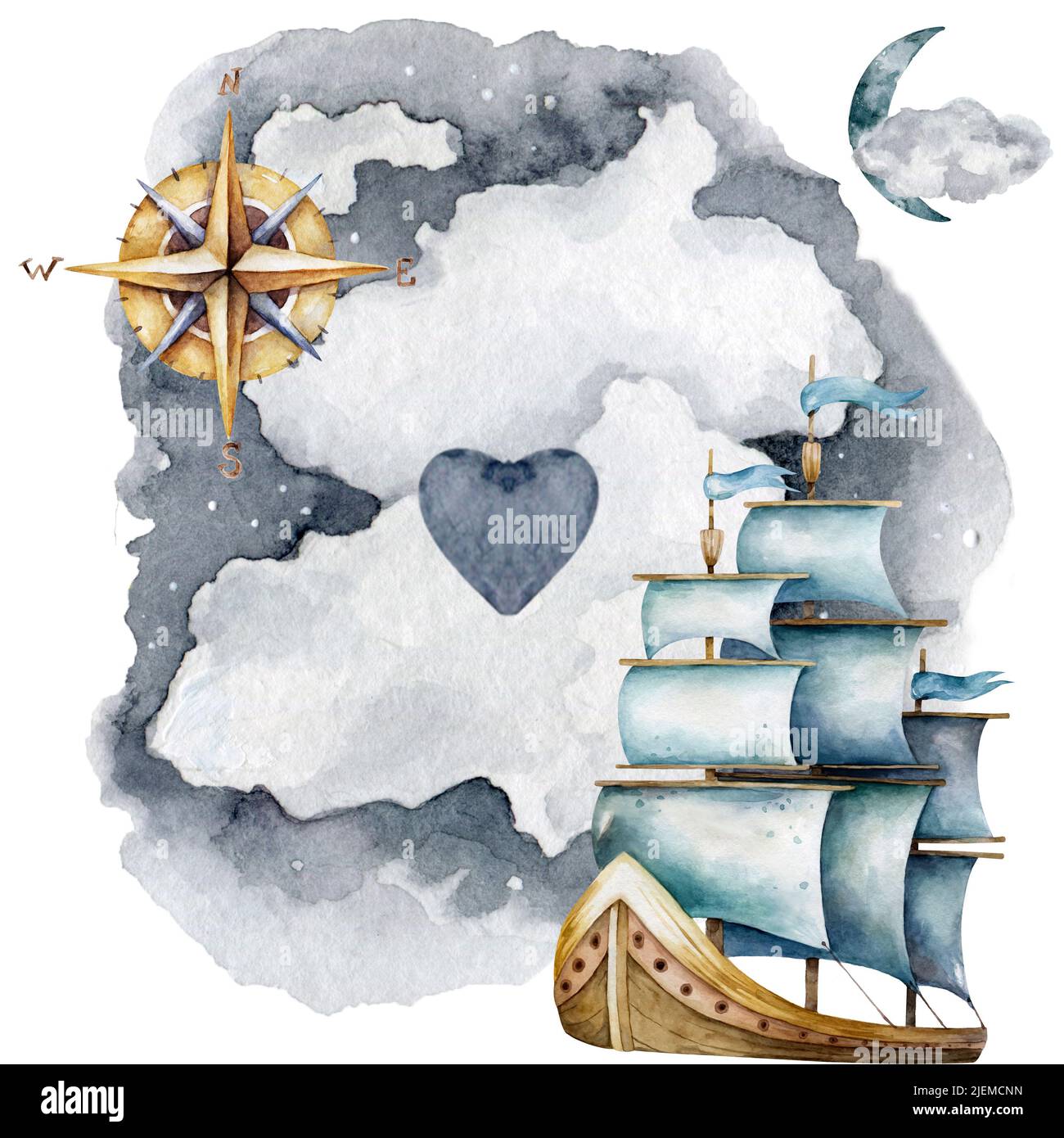Marine navigation watercolor illustration. Ship, lighthouse ...