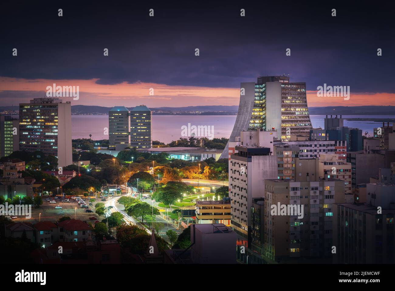 Aerial view of Porto Alegre at night with Rio Grande do Sul State Administrative Building - Porto Alegre, Rio Grande do Sul, Brazil Stock Photo