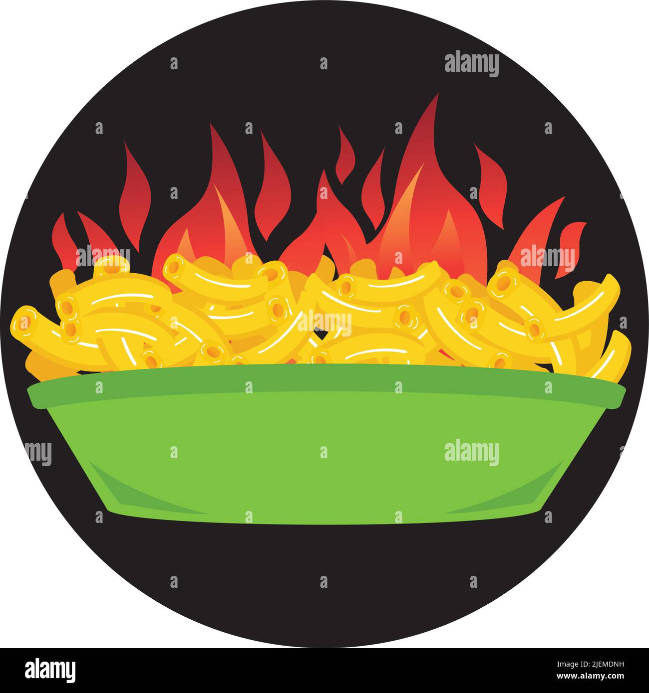 delicious dish of spicy mac and cheese bowl vector illustration with flames Stock Vector