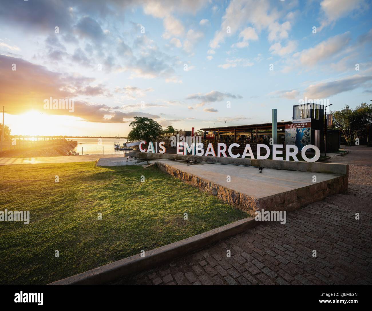 Sunset at Cais Embarcadero Gastronomy and Entertainment Complex -  Revitalized Orla do Guaiba Waterfront - Porto Alegre, Rio Grande do Sul, Brazil Stock Photo