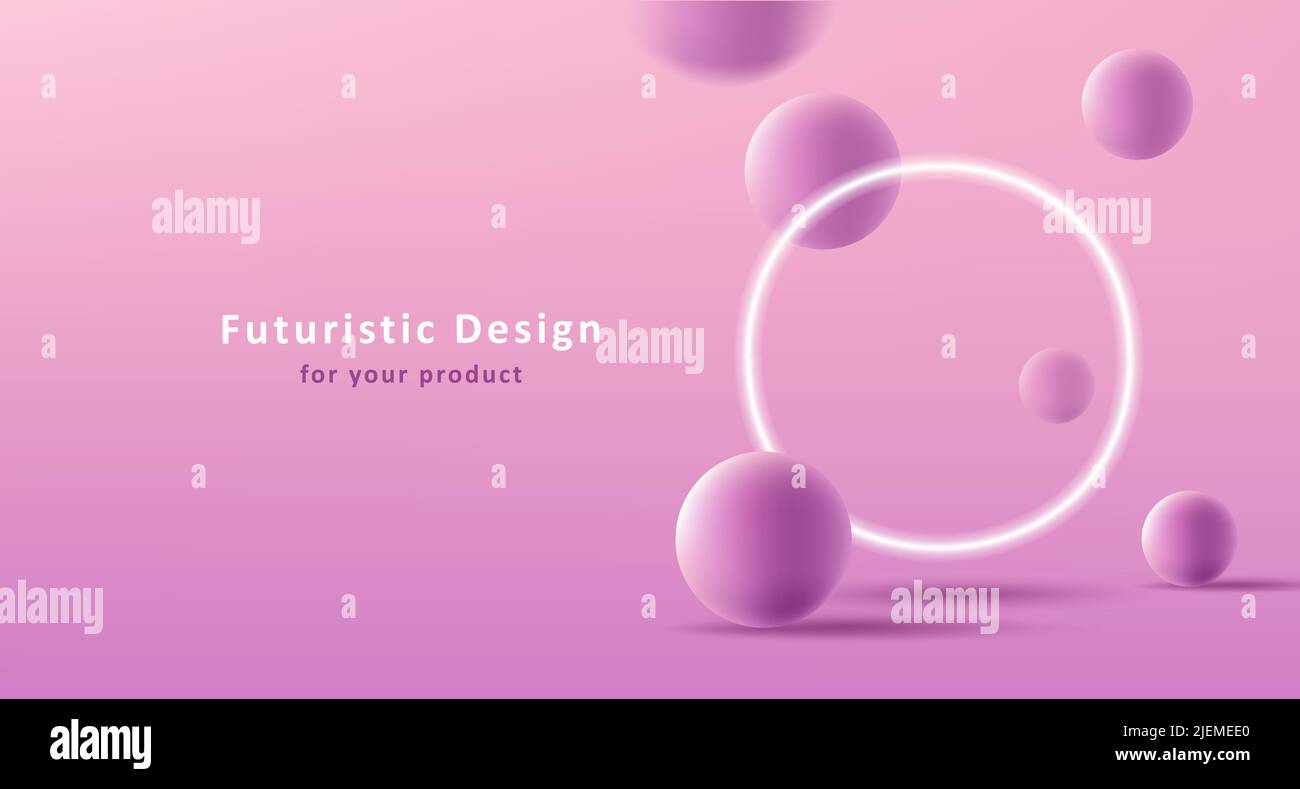 3d product backdrop with glowing neon circle and 3d spheres composition Stock Vector