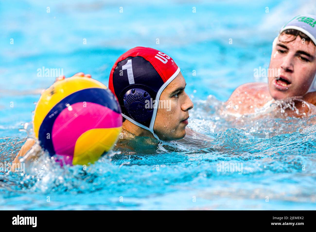 BUDAPEST, HUNGARY - JUNE 27: Adrian Weinberg of United States during the FINA World Championships Budapest 2022 1/8 finals match between South Africa and USA on June 27, 2022 in Budapest, Hungary (Photo by Albert ten Hove/Orange Pictures) Stock Photo