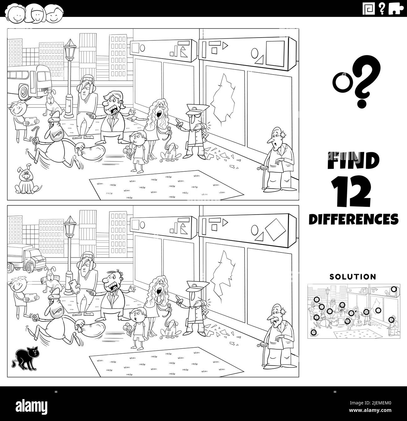 Black and white cartoon illustration of finding the differences between pictures educational game with situation in the city coloring page Stock Vector