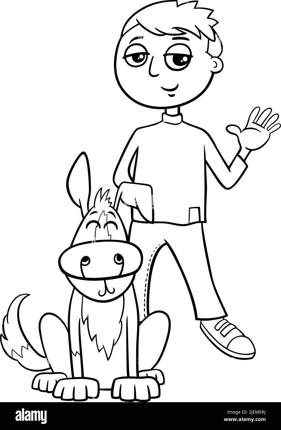 Black and white cartoon illustration of teen boy with his pet dog coloring page Stock Vector