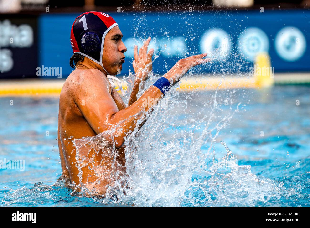 BUDAPEST, HUNGARY - JUNE 27: Adrian Weinberg of United States during the FINA World Championships Budapest 2022 1/8 finals match between South Africa and USA on June 27, 2022 in Budapest, Hungary (Photo by Albert ten Hove/Orange Pictures) Stock Photo