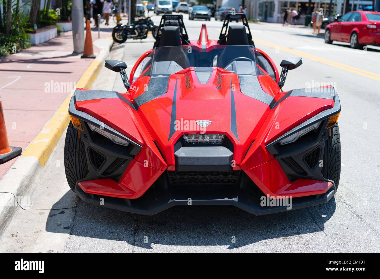 Miami Beach, Florida USA April 14, 2021 red polaris slingshot, front