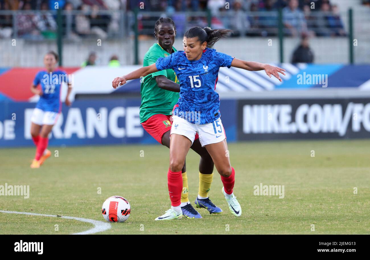 Kenza Dali of France, Claudia Voulania Dabda of Cameroon (left) during the  Women's Friendly football match between France and Cameroon on June 25,  2022 at Stade Pierre Brisson in Beauvais, France -