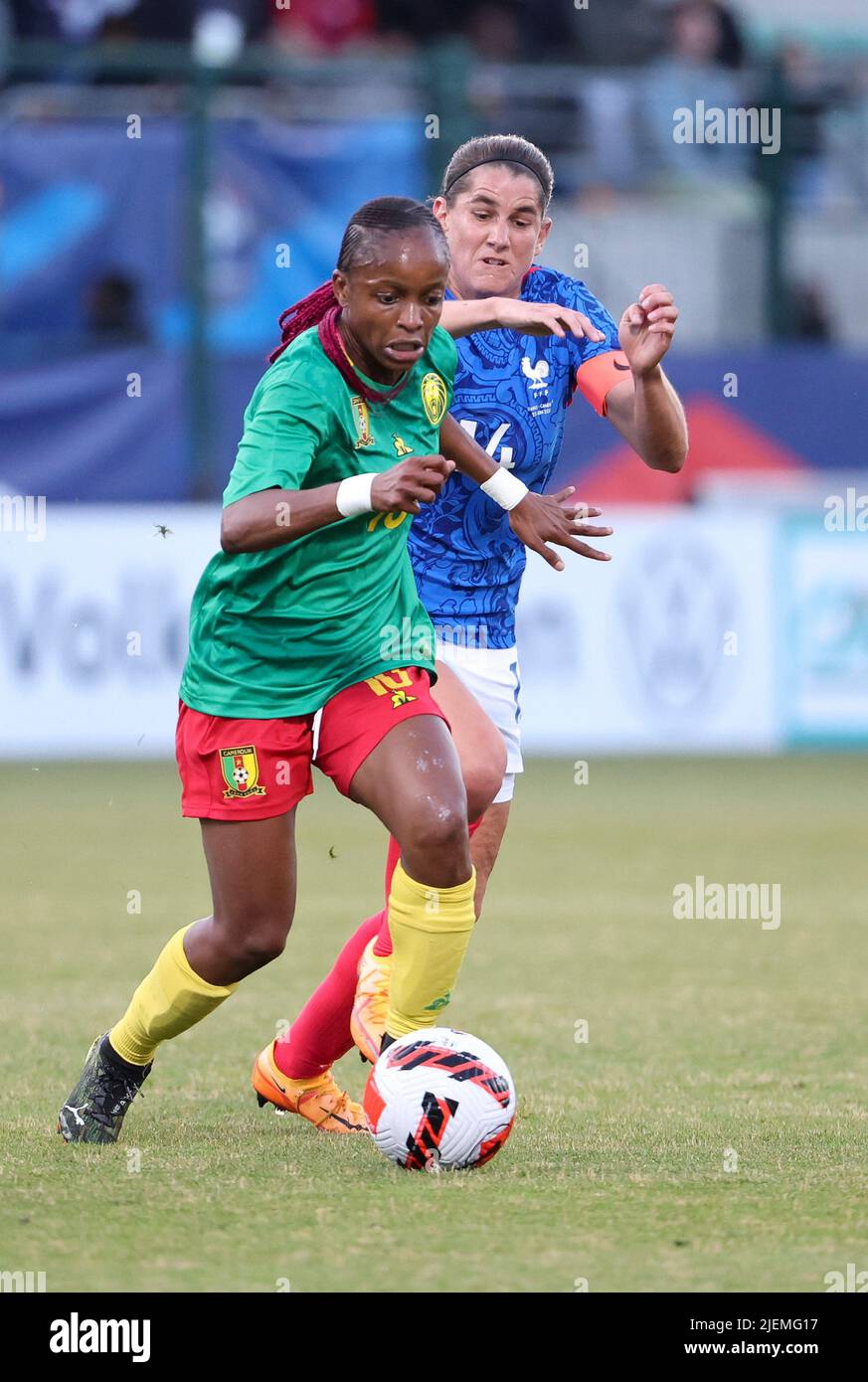 Jeannette Yango of Cameroon, Charlotte Bilbault of France during the  Women's Friendly football match between France