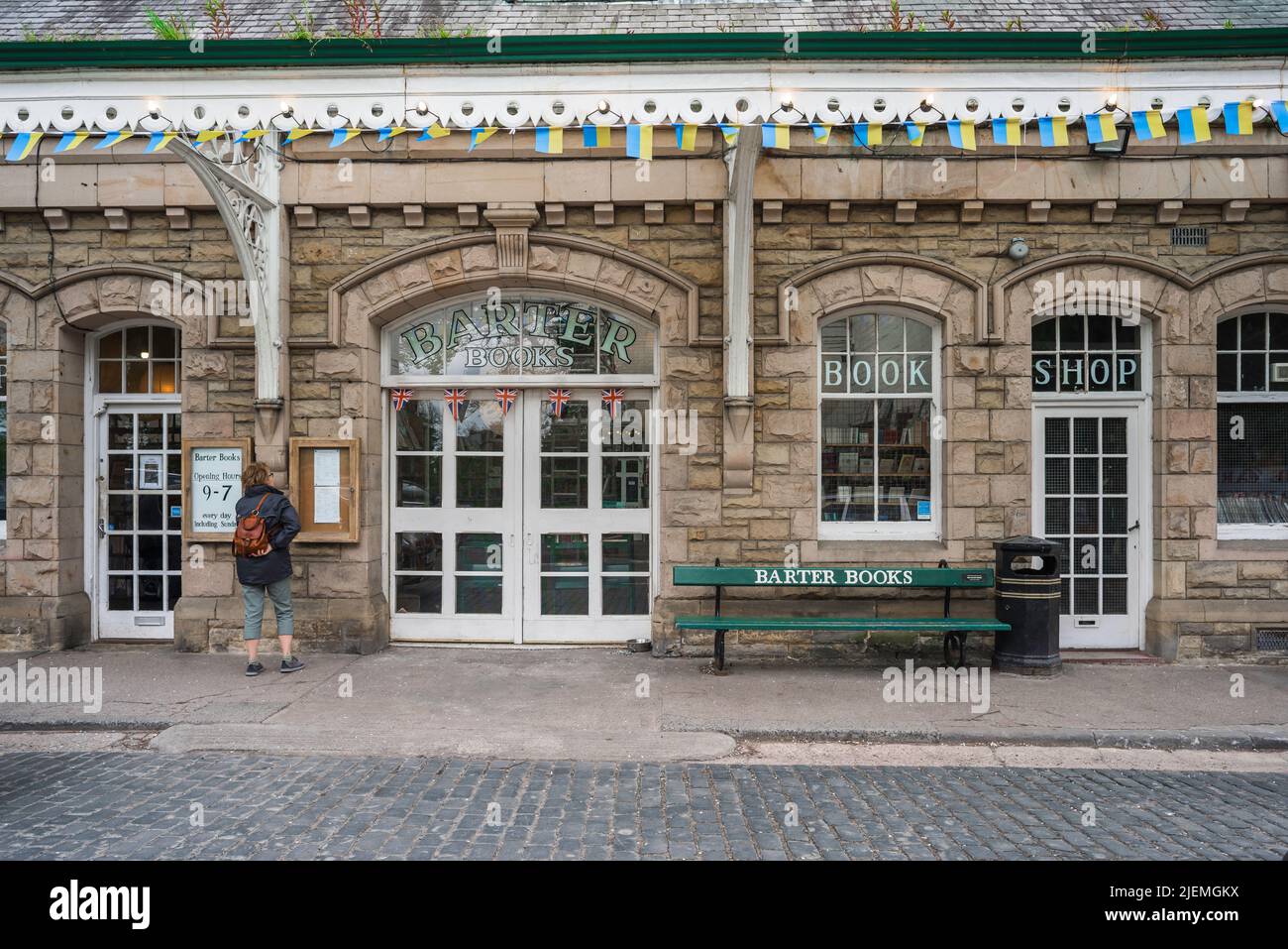 Barter Books Alnwick, exterior view of Barter Books, a famous  second hand book shop sited in a converted train station in Alnwick, Northumberland UK Stock Photo