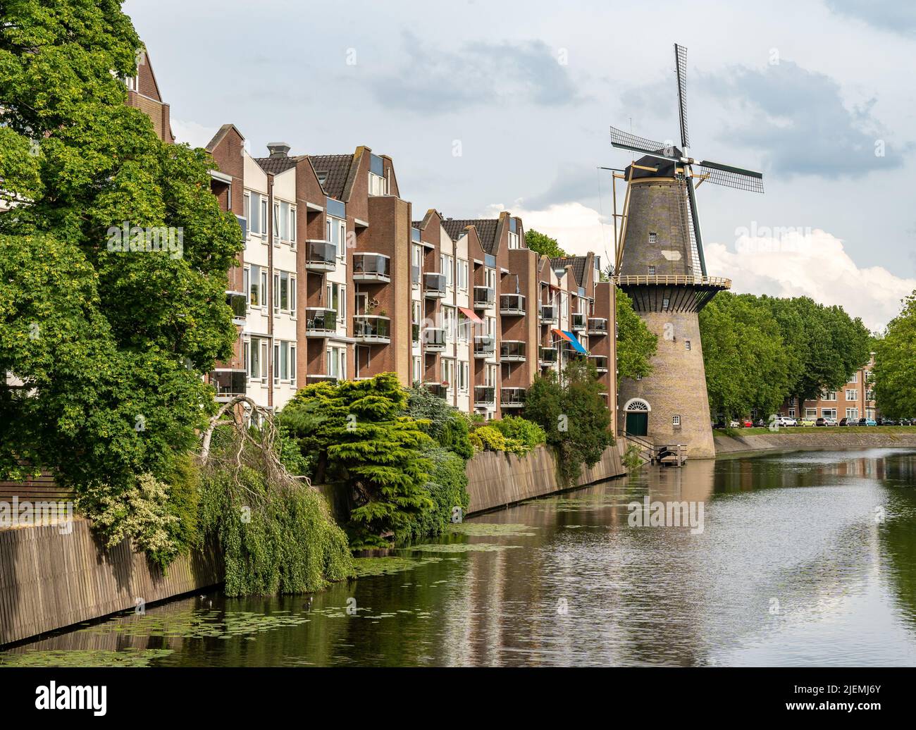 Historical dutch windmill known locally as De Walvisch, located in the city of Schiedam, South Holland Stock Photo