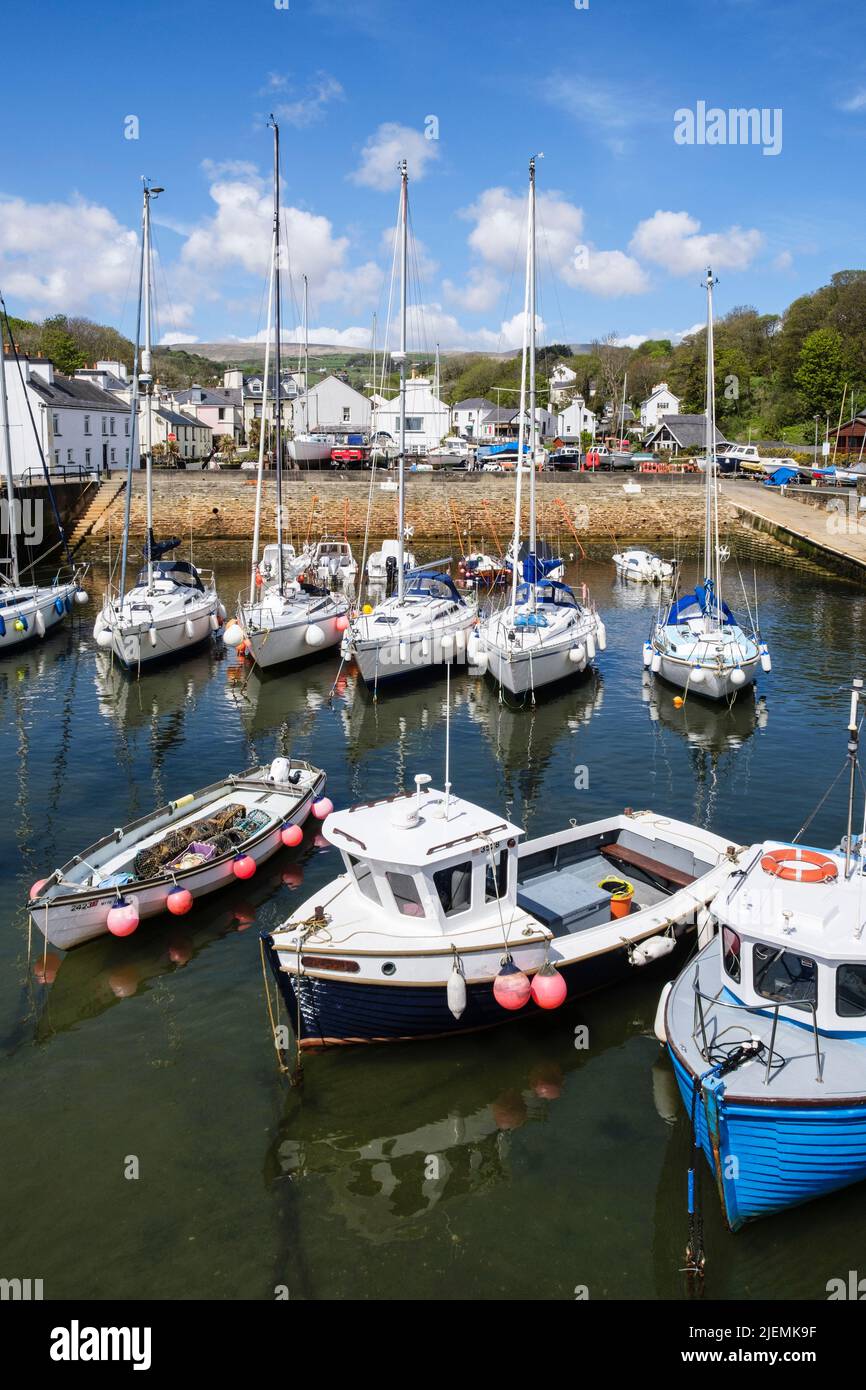 Small boats moored in harbour in old Laxey, Isle of Man, British Isles Stock Photo