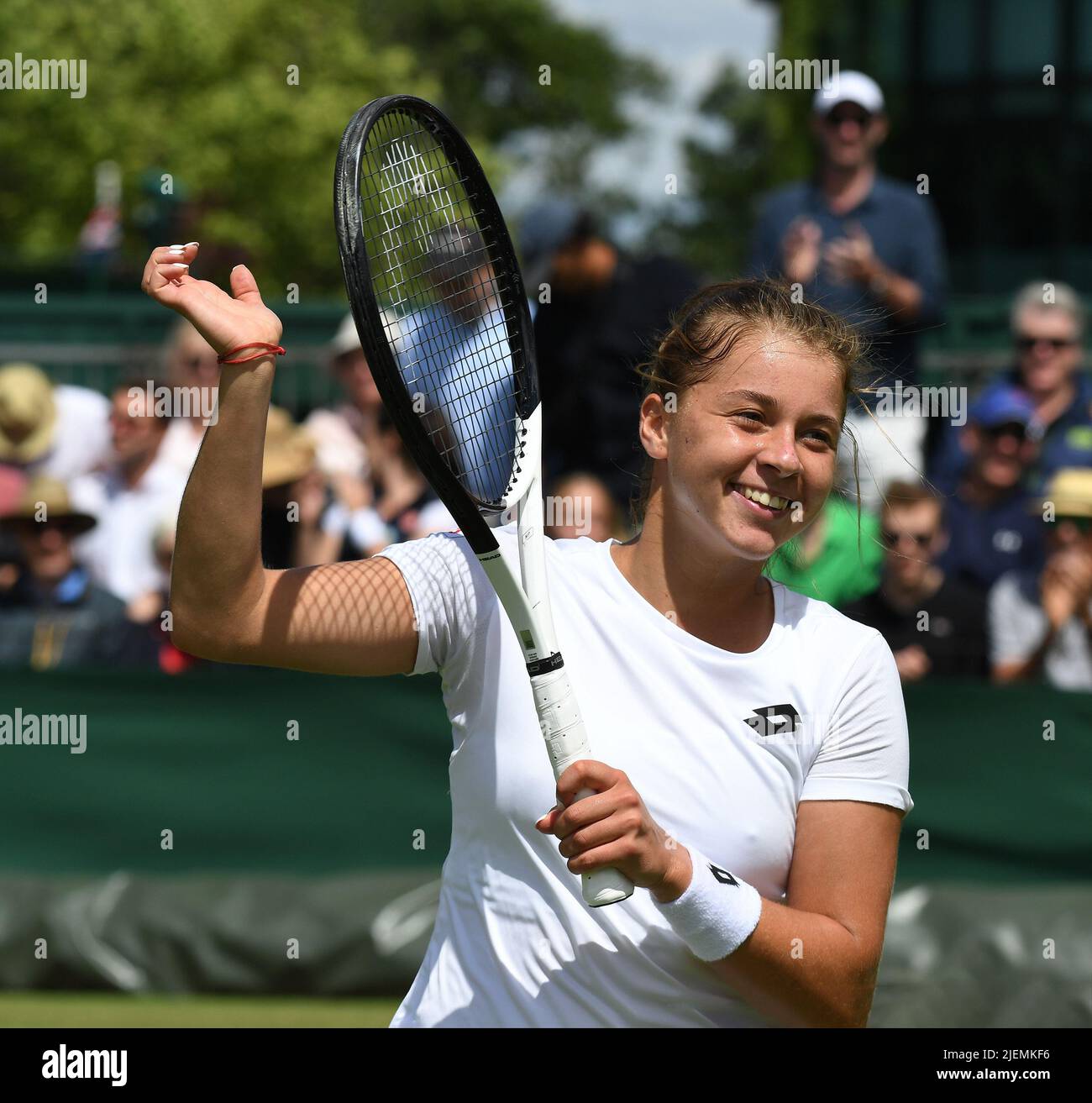 London, Gbr. 27th June, 2022. London Wimbledon Championships Day 1 27/06/2022 The next Iga Swiatek ?? Polish Qualifier Maja Chwalinska celebrates as she wins first round match, Credit: Roger Parker/Alamy Live News Stock Photo