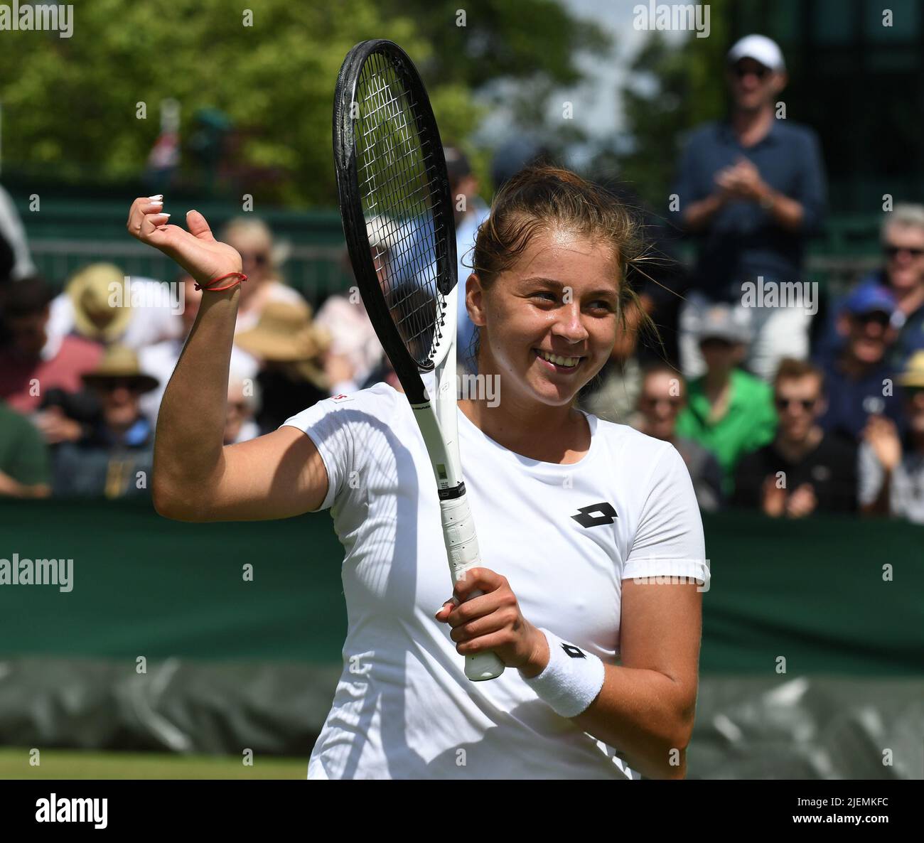 London, Gbr. 27th June, 2022. London Wimbledon Championships Day 1 27/06/2022 The next Iga Swiatek ?? Polish Qualifier Maja Chwalinska celebrates as she wins first round match, Credit: Roger Parker/Alamy Live News Stock Photo