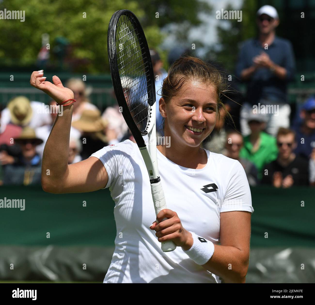 London, Gbr. 27th June, 2022. London Wimbledon Championships Day 1 27/06/2022 The next Iga Swiatek ?? Polish Qualifier Maja Chwalinska celebrates as she wins first round match, Credit: Roger Parker/Alamy Live News Stock Photo