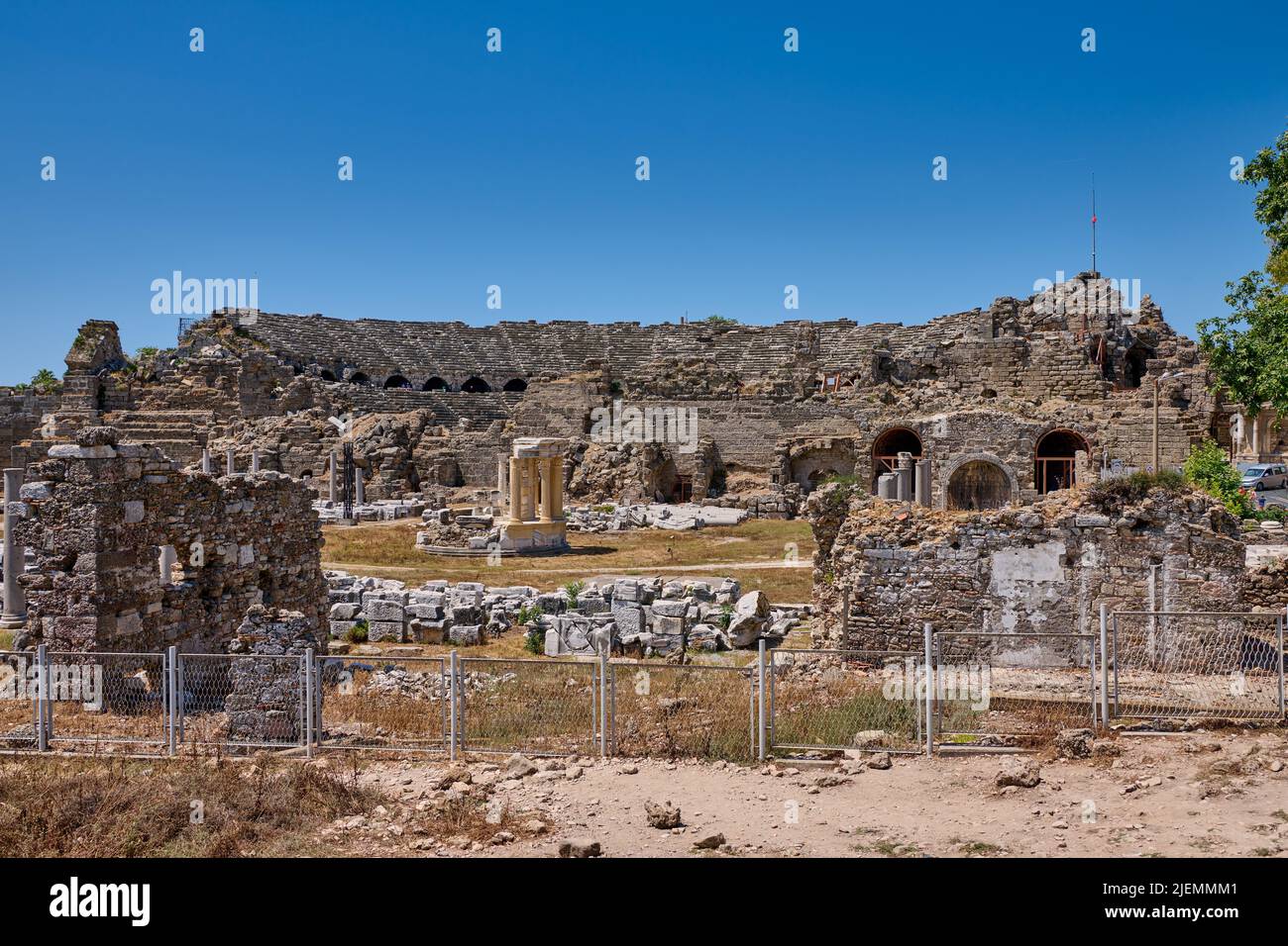 theatre and Tyche temple in ruins of the Roman city of Side, Antalya, Turkey Stock Photo