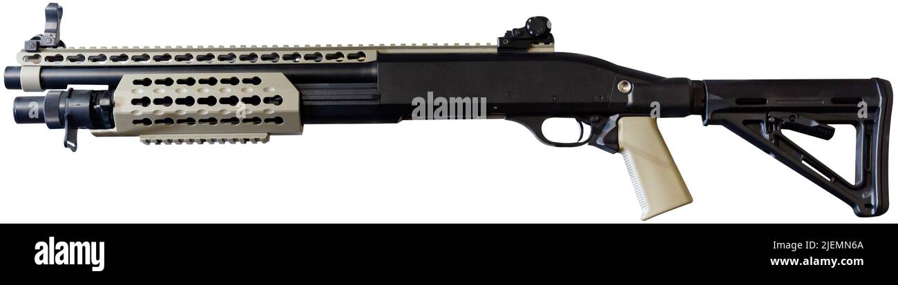 Modern pump action shotgun isolated on white background Stock Photo