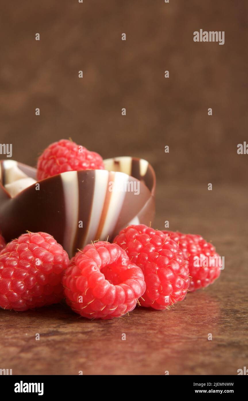 Fresh raspberries and a chocolate dessert cup on a brown tile ...