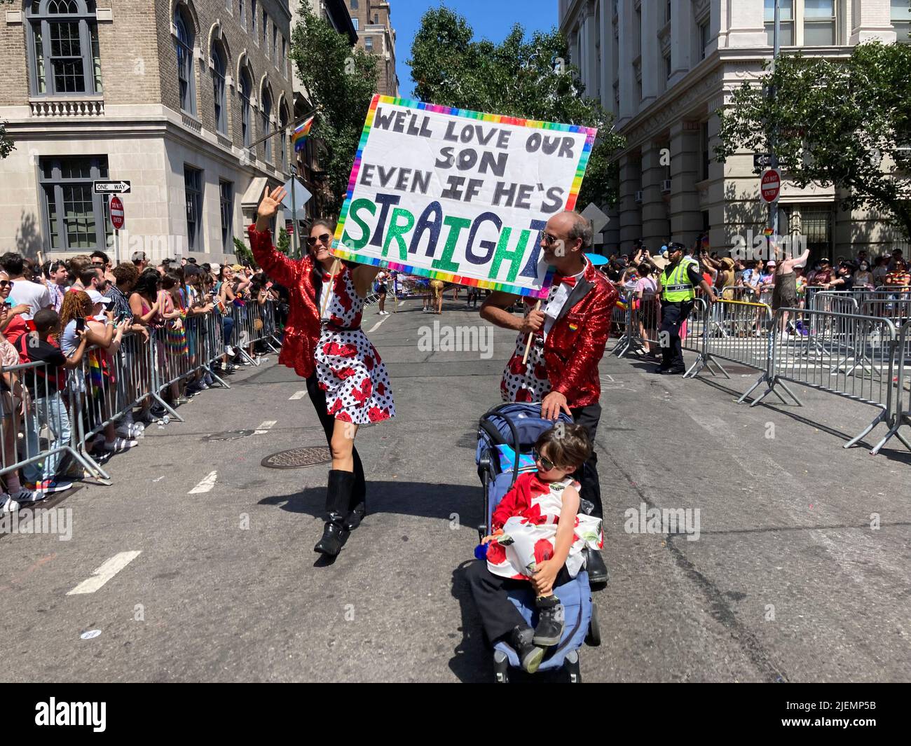 Thousands of marchers and millions of spectators converged on the Gay Pride Parade in New York on Sunday, June 26. 2022. The parade was back in full force after being cancelled and scaled back after two years due to COVID-19 restrictions. (© Frances M. Roberts) Stock Photo