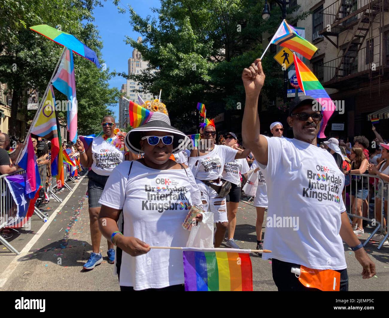 Workers and supporters of Brookdale Interfaith Kingsbrook hospital the Gay Pride Parade in New York on Sunday, June 26. 2022. The parade was back in full force after being cancelled and scaled back after two years due to COVID-19 restrictions. (© Frances M. Roberts) Stock Photo