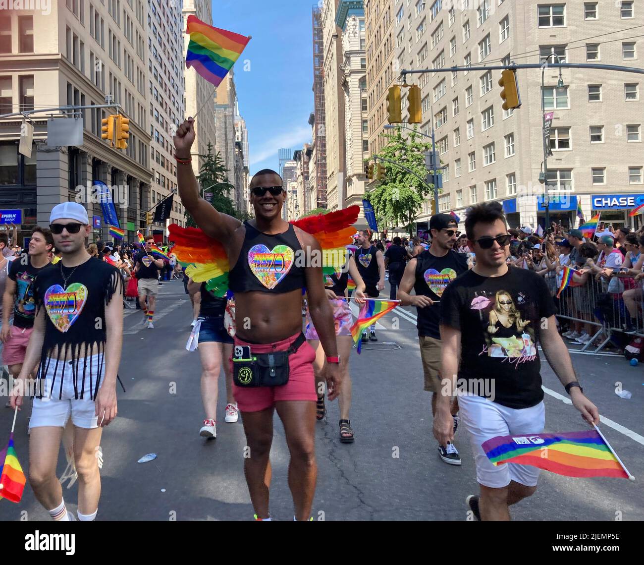 Thousands of marchers and millions of spectators converged on the Gay Pride Parade in New York on Sunday, June 26. 2022. The parade was back in full force after being cancelled and scaled back after two years due to COVID-19 restrictions. (© Frances M. Roberts) Stock Photo