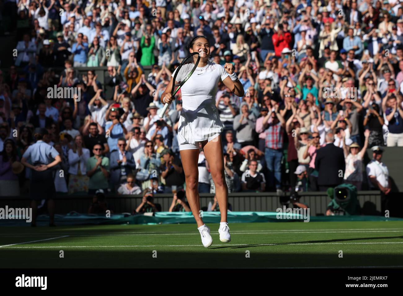 Wimbledon, UK, 27th June 2022, All England Lawn Tennis and Croquet Club, London, England; Wimbledon Tennis tournament; Emma Raducanu jumps for joy after she wins the match 2 sets to 0 against