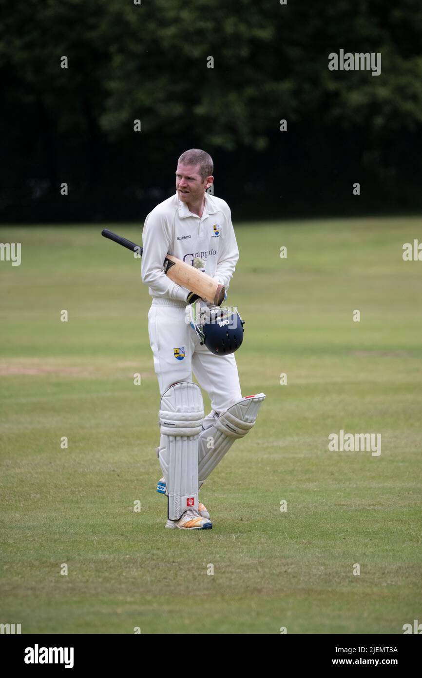 Cricket batter leaves the field having scored fifty in a local village league game at Armitage Bridge, Huddersfield, Yorkshire U.K. Stock Photo