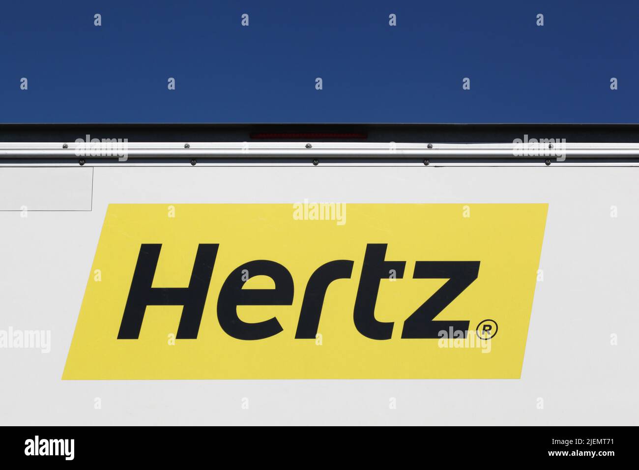 Villefranche sur Saone, France - May 17, 2020: Hertz logo on a truck. Hertz is an American car rental company Stock Photo