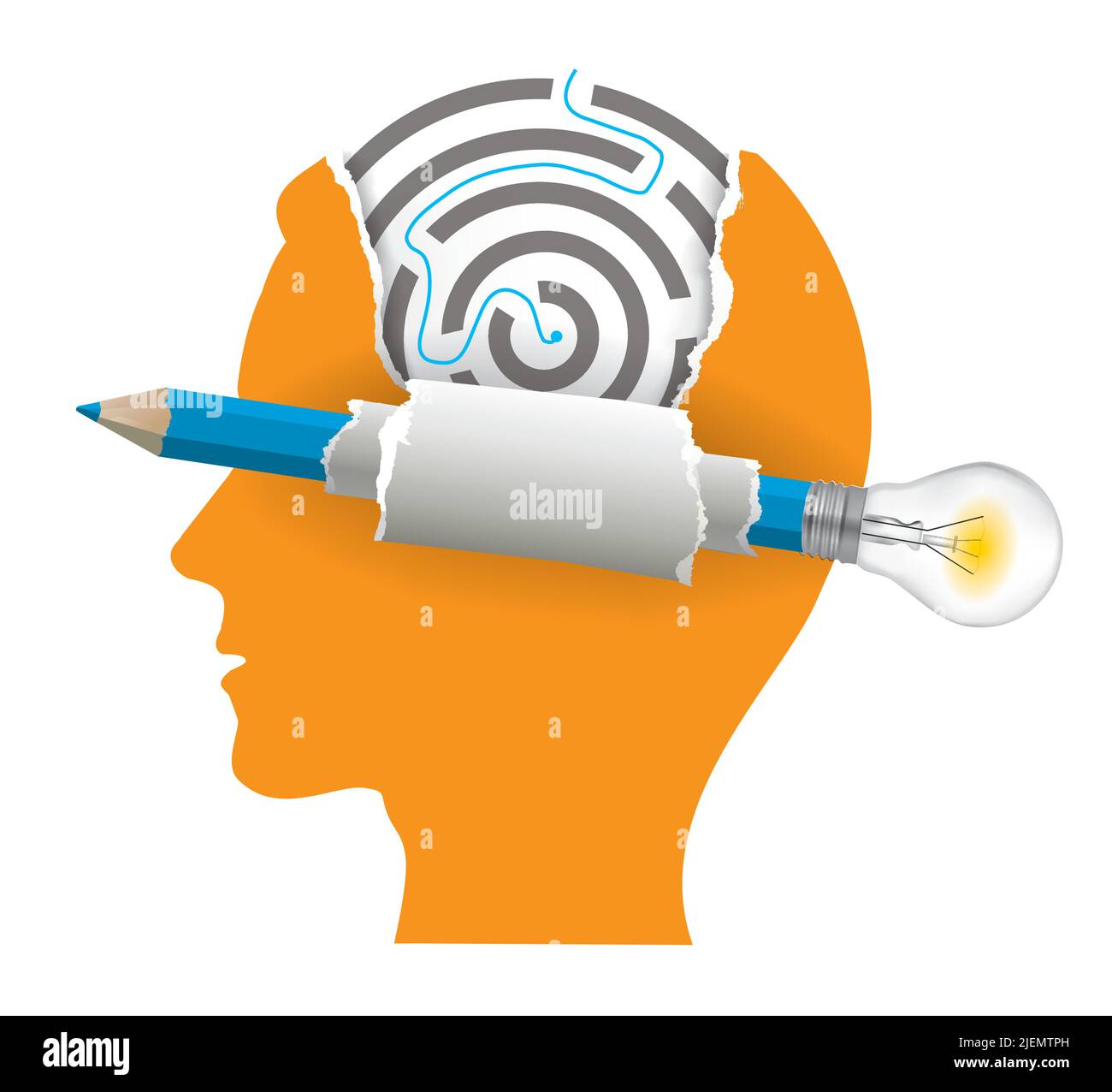 Man head silhouette and solved labyrinth, smart solution concept.  Illustration of Stylized torn paper head silhouette with maze and pencil with bulb. Stock Vector