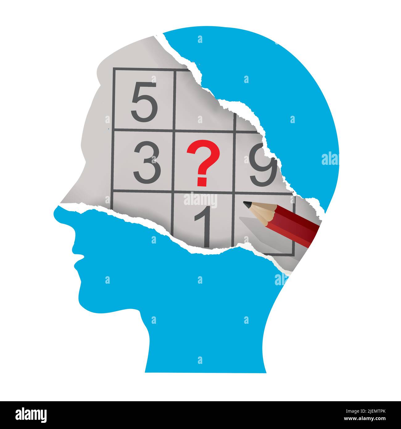 Torn paper Male head with sudoku and Pencil.  Stylized male head silhouette of sudoku player. Vector available. Stock Vector