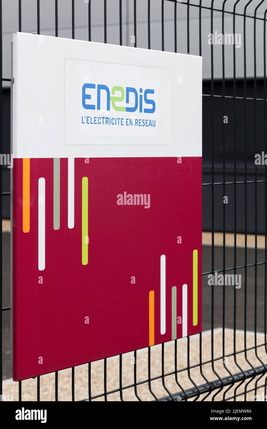 Gleize France - October 23, 2016: Enedis logo on a fence. Enedis is a public company, a 100% subsidiary of EDF in the field of electricity Stock Photo