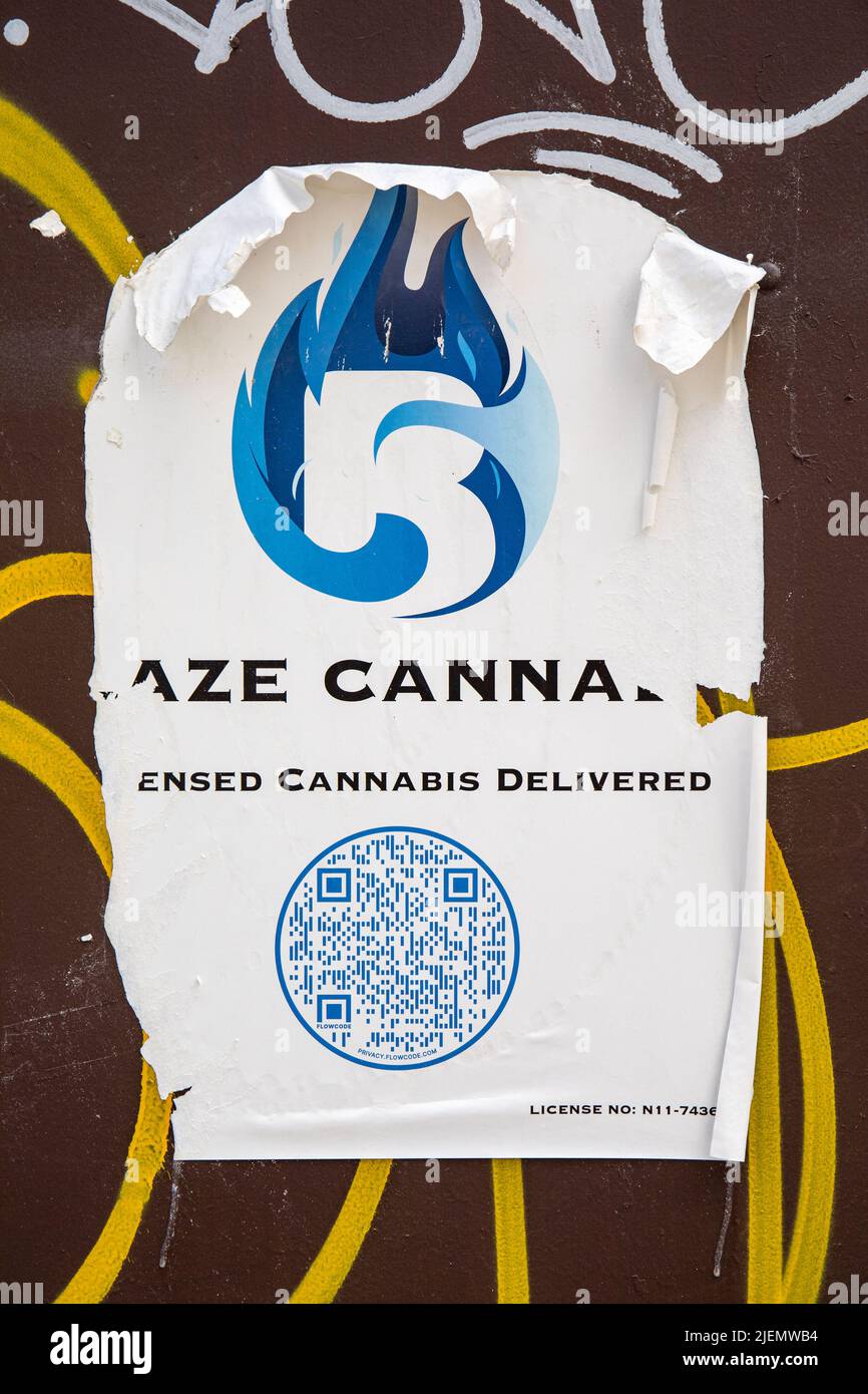 Torn poster advertising cannabis delivery in New York City, United States of America Stock Photo