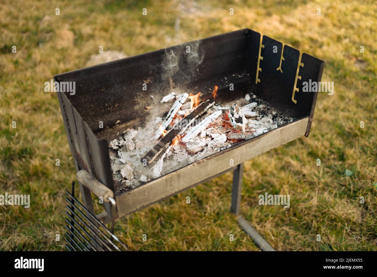 bbq grill flame, hot burning grill, outdoors cooking food. Grill flame burning fire for barbecue