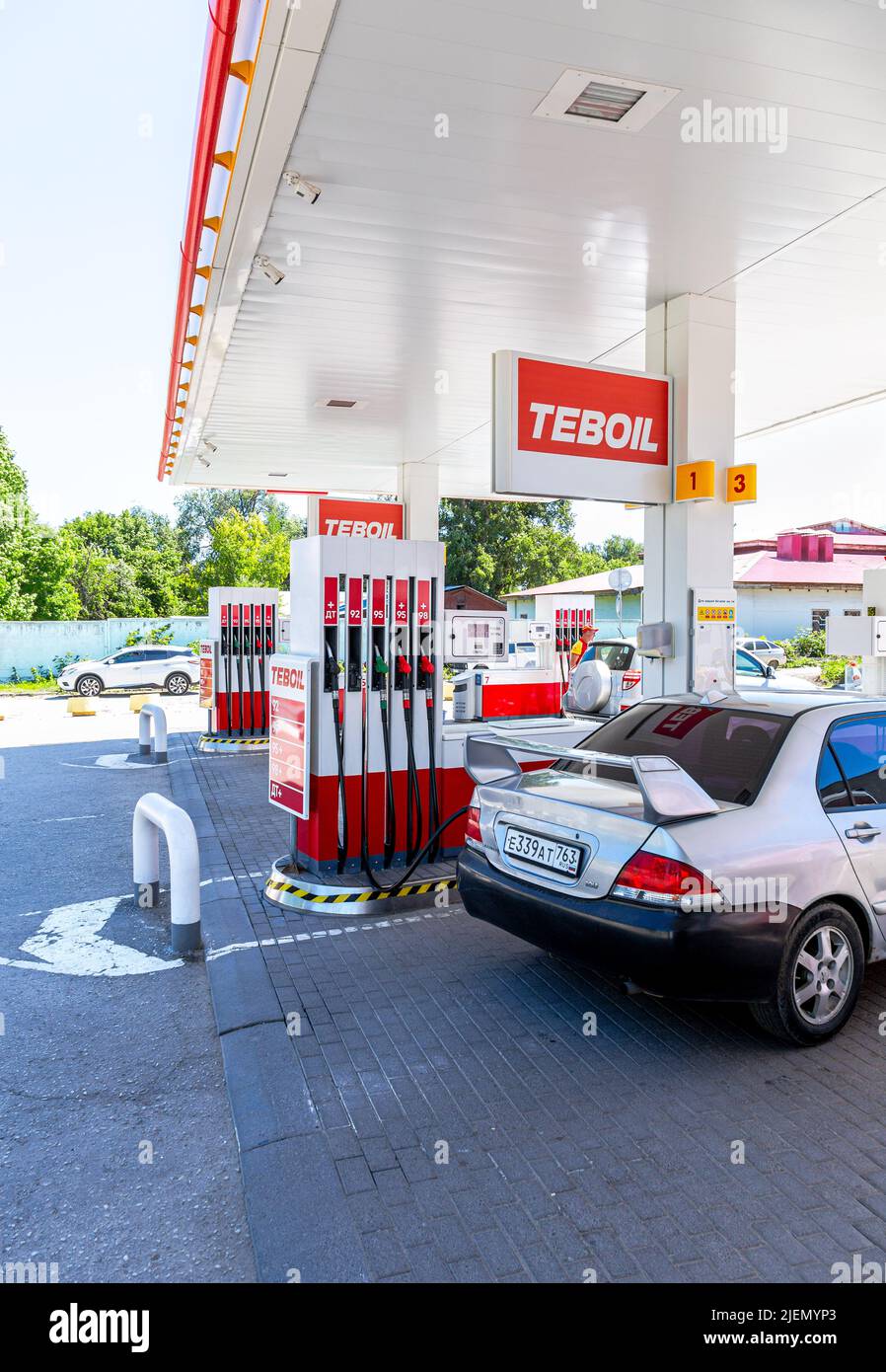Samara, Russia - June 26, 2022: Teboil gas station in sunny day. Teboil is a subsidiary of the Russian company Lukoil Stock Photo