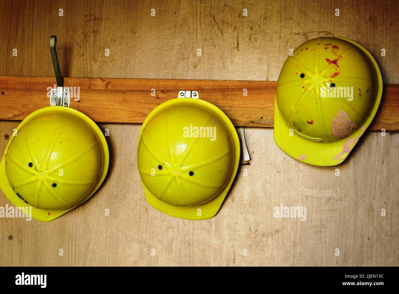 Three construction helmets. Safety helmet engineering construction
