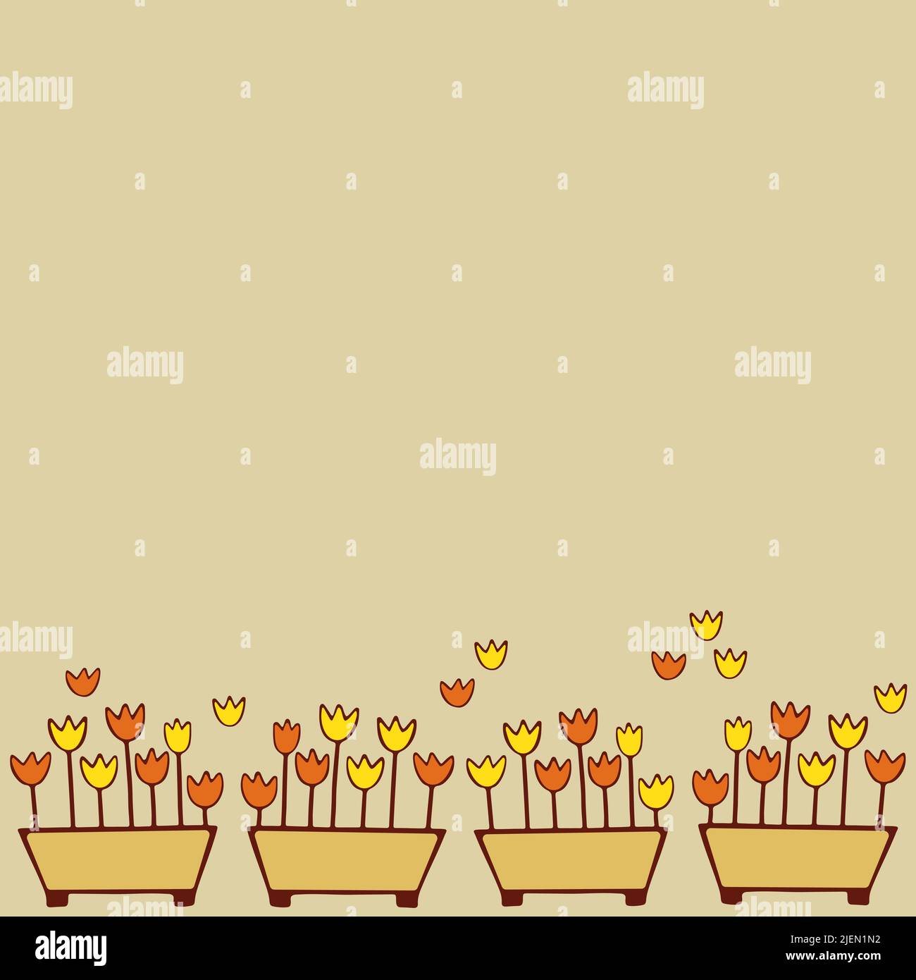 Seamless border with stylized tulips in flowerpots. Stock Vector