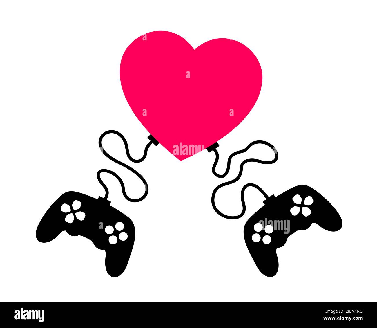 Love game and play - gamepad, joystick and symbol of heart as metaphot of couple playing romantic, emotional and sexual game. Vector illustration isol Stock Photo
