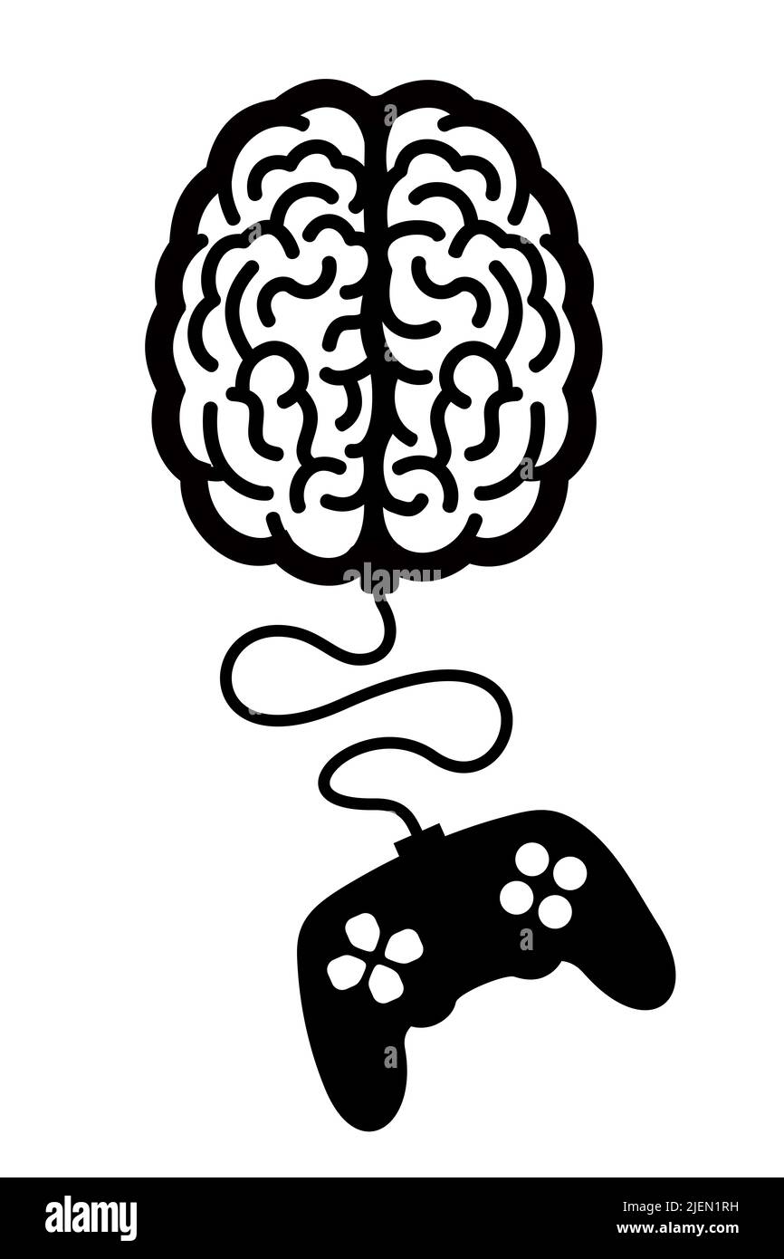 Mental game - gamepad and joystick is playing intellectual game using brain and mind. Vector illustration isolated on white. Stock Photo