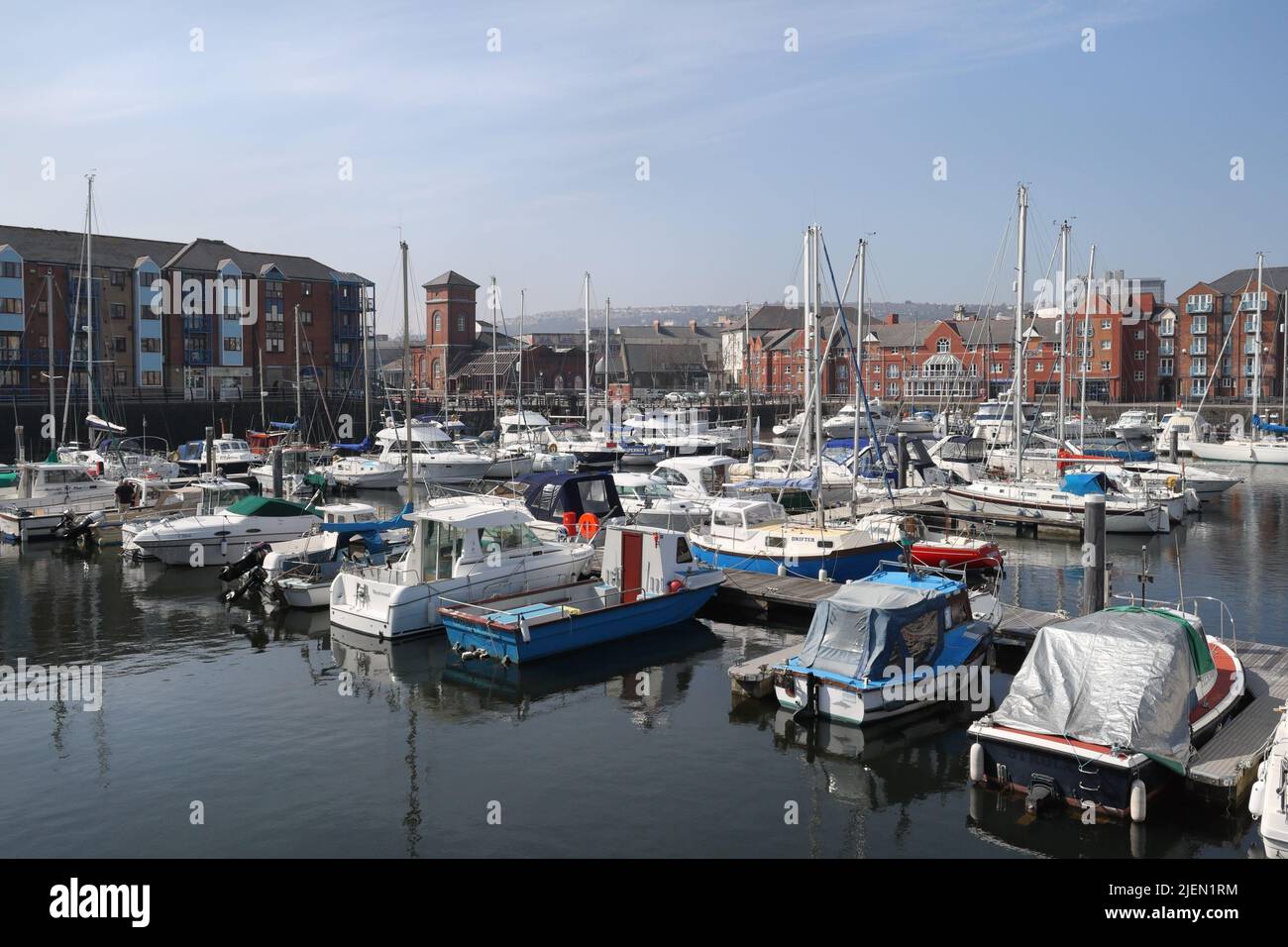 Swansea marina in the old town dock, Wales, Moored Boats, sailing vessels Stock Photo