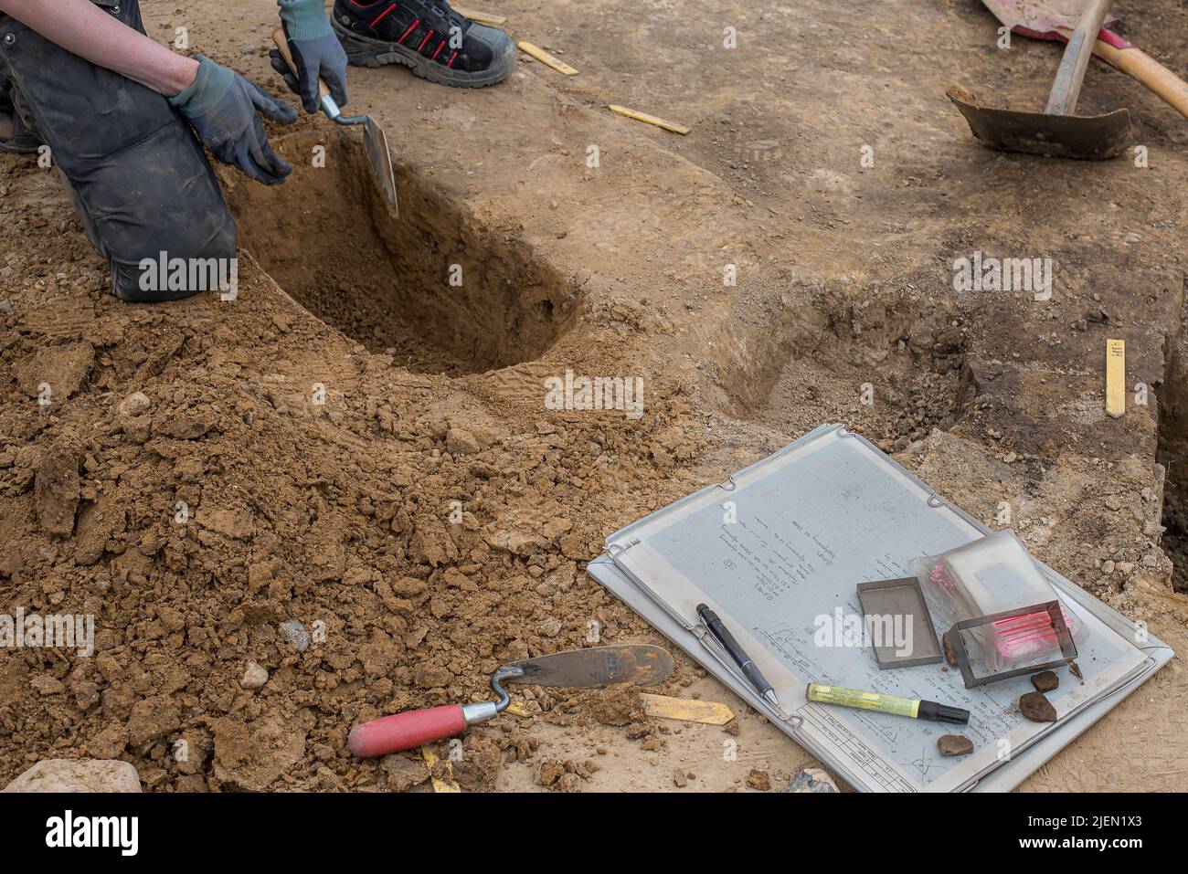 archaeologist kneeling at an excavation in Erritsø of a Viking settlement, Erritsø, Denmark, June 15, 2022 Stock Photo