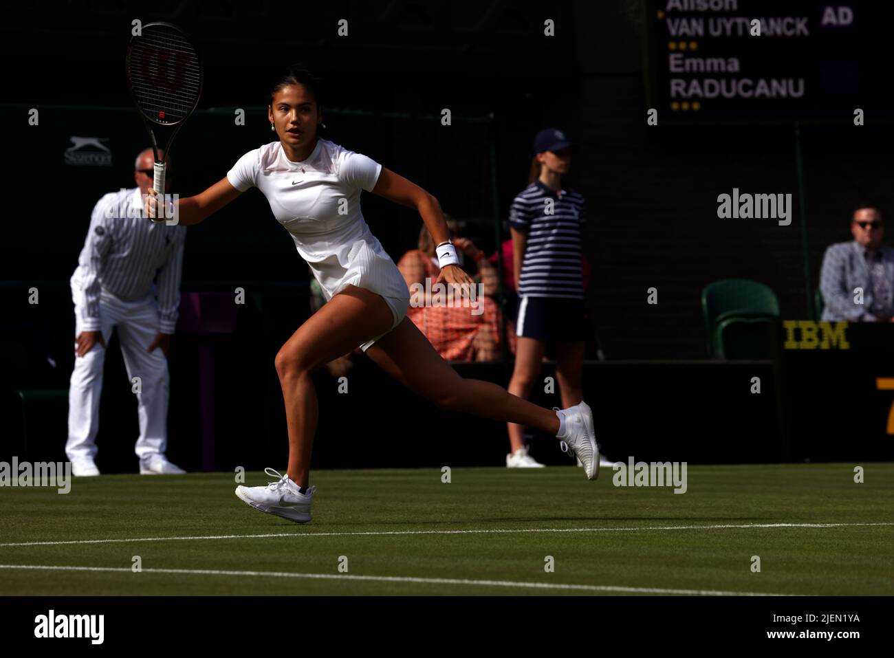 London, 27 June 2022 - Great Britain's Emma Raducanu in action during her opening round match against Alison Van Uytvanck on Centre Court at Wimbledon. Credit: Adam Stoltman/Alamy Live News Stock Photo